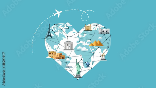 Heart shaped world map with global landmarks and airplane travel concept