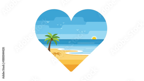 Heart shape beach scene with palm tree and ocean sunset illustration