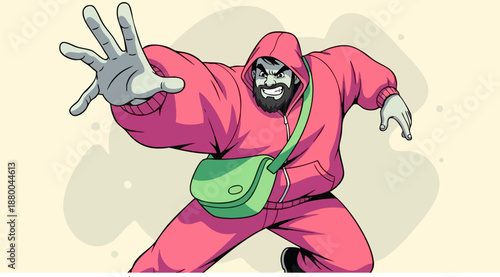 Angry bearded man in a bright pink hooded tracksuit aggressively reaching out with outstretched hands on white background