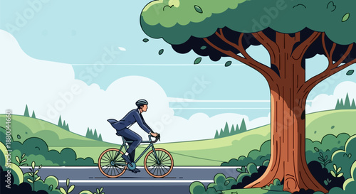 Businessman wearing a formal suit rides a bicycle down a scenic country road near a large tree on white background