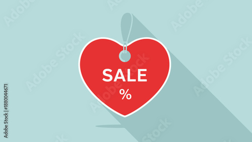 Red Heart Shape Sale Tag with Percentage Symbol on Light Blue Background