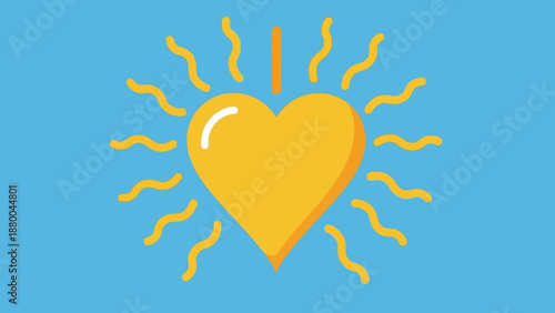 Golden Heart Shining Sun Rays on Blue Sky Background