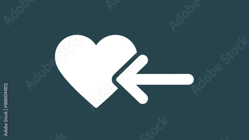 White heart symbol with incoming arrow icon on dark teal background