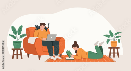 Couple relaxing at home with technology and books enjoying quiet leisure time together on white background