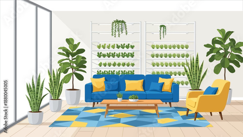 Modern vector illustration of vertical farming inside urban building, modern agriculture and smart city food production concept..eps