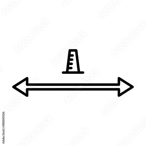 An accurate line icon representing a measurement of distance with a cone scale above a double-headed arrow.