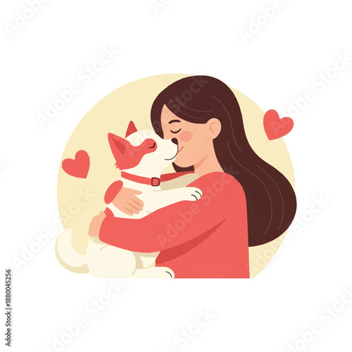 Woman embracing her adorable white dog surrounded by hearts in a tender moment of affection and love