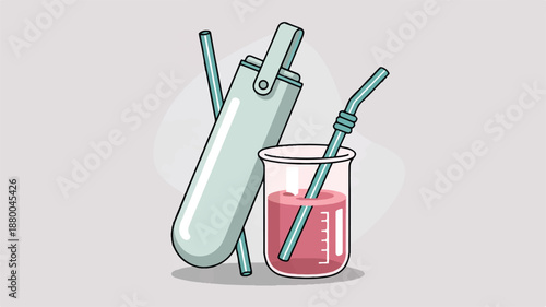 Test tube and beaker with pink liquid and straws for science experiments