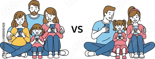 Family using smartphones together at home