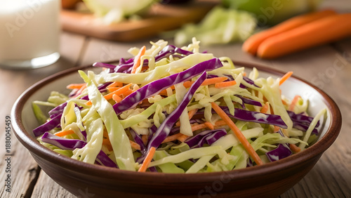 A brown bowl filled with shredded purple cabbage and carrots on a wooden table with a glass of milk and other vegetables in the background