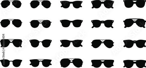 Sunglasses icon set featuring multiple eyewear shapes in black silhouette style isolated on white background for fashion optics branding vector design and summer accessories concepts