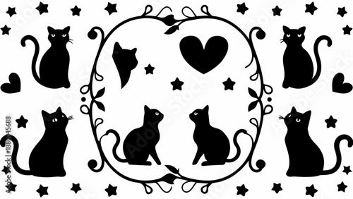 Whimsical black cat silhouettes with hearts and stars on white background