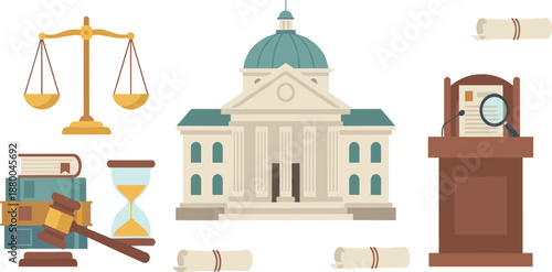 Law and Justice Illustration Set Featuring Courthouse, Scales of Justice, Gavel, Legal Books, Documents, Hourglass, and Courtroom Presentation Elements