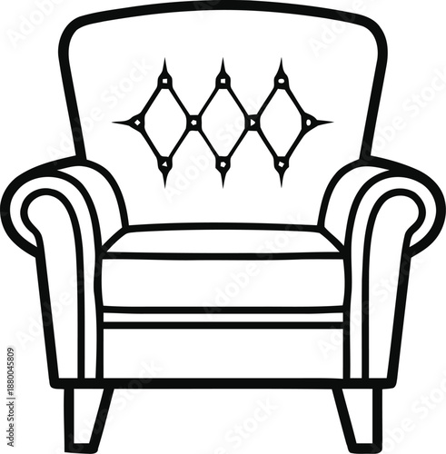 Armchair vector icon with tufted backrest and curved armrests flat line art for living room decor and furniture collection