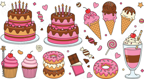 Delicious Dessert Illustration Set Featuring Chocolate Drip Cakes, Cupcakes, Donuts, Ice Cream Cones, Milkshakes, Candy, and Sweet Pink Treats