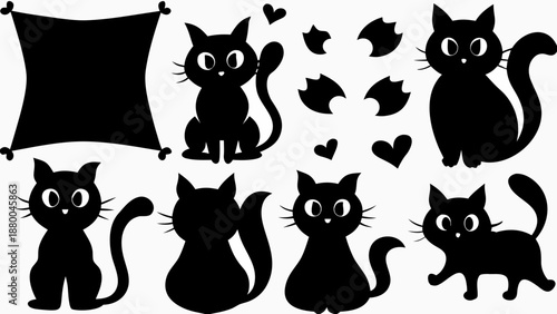 Adorable black cat silhouettes with hearts and playful expressions