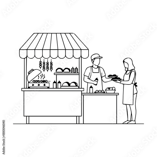 A bustling street food vendor serves customers from an outdoor stall, offering various prepared meals.