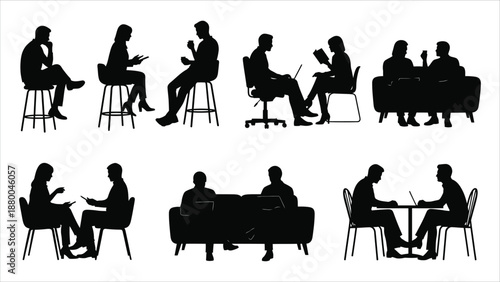 Set of human silhouettes, seated poses, men and women. Architectural entourage style. Figures sitting on stools, office chairs, sofas, and cafe tables. interacting, reading, and working on laptop.eps