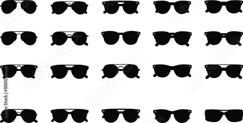 Sunglasses silhouette icon set featuring multiple eyewear styles and frame shapes isolated on white background for fashion optics branding vector design and summer accessory concepts