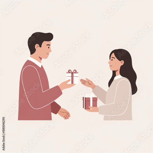 Man and woman exchanging gifts in a friendly gesture illustration