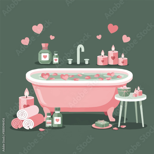 Heart filled with love surrounded by rose petals and romantic symbols from above