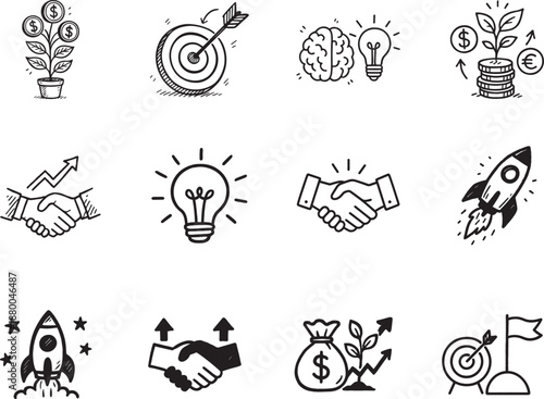 Startup doodle icon set with rocket, idea, target, handshake and money plant for business growth.