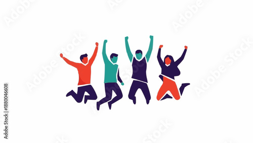 Four diverse people jumping for joy celebrating success together.
