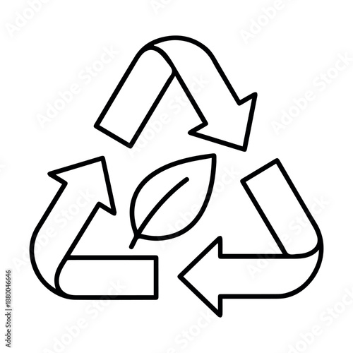 A clean black outline icon represents the universal recycling symbol, featuring a prominent green leaf at its core.
