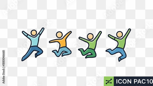 Four diverse people jumping with joy and excitement.