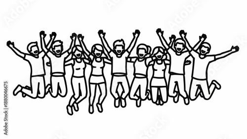 Group of diverse people jumping for joy together in celebration.