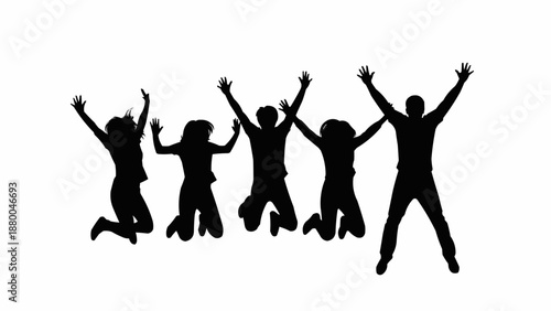 Group of five people jumping in the air silhouette.
