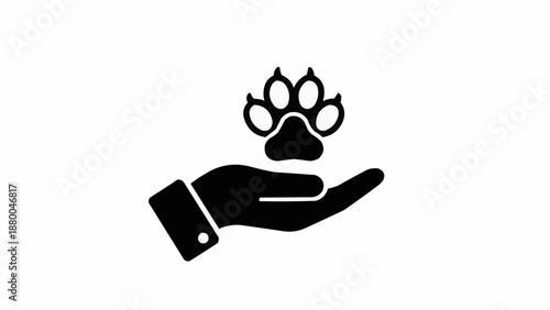 Hand holding a paw print symbol representing animal care.