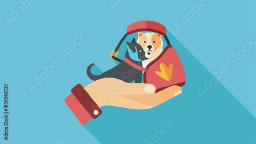Hand holding cute dog and cat in a blanket vector illustration.