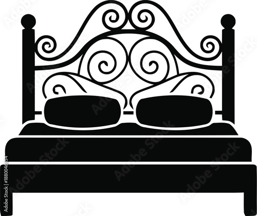 Elegant black wrought iron bed frame with ornate scrollwork headboard and pillows on transparent grid background