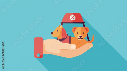 Hand holding two cute dogs with food bowl above them.