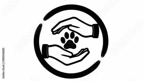 Hands protecting a paw print symbol representing animal care.