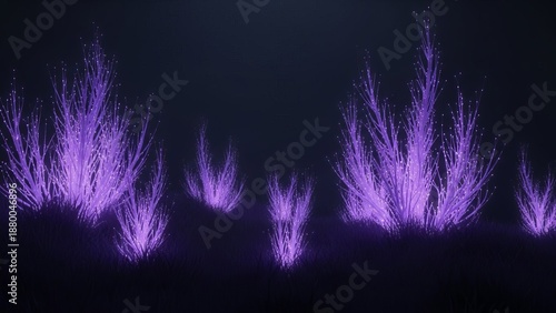 Luminous purple glowing flora in a dark, mysterious landscape.