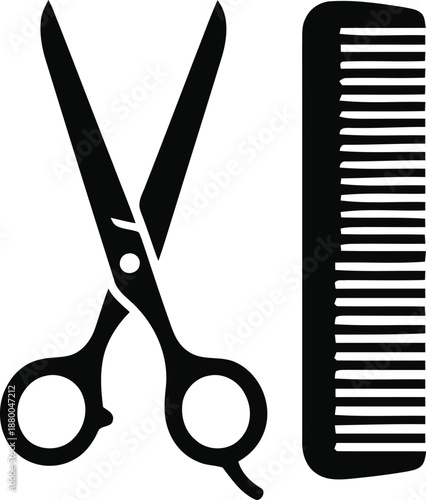 Professional vector black silhouette of a pair of open hairdressing scissors crossed with a long fine tooth comb grooming tools graphic illustration