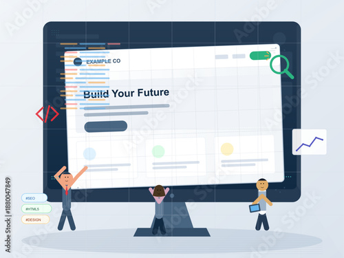 A group of people collaborates around a large computer screen displaying coding and design elements. They focus on building a website that highlights future opportunities and growth.