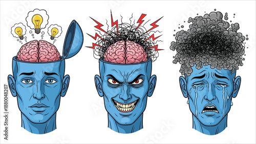Three human heads showing different brain states creative ideas, intense anger, and overwhelmed stress, psychology concept illustration.eps