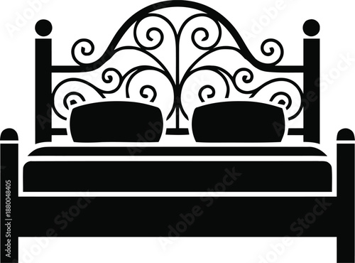 Double bed icon with decorative headboard and pillows black silhouette for bedroom furniture interior design vector home
