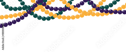 Colorful strings of purple, green and gold beads draped along the top edge, simple festive header for Mardi Gras party cards, flyers, web banners and carnival graphics