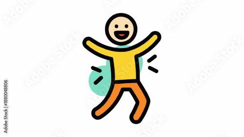 Joyful cartoon person jumping with arms raised in celebration.