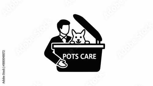 Man holding pet carrier with dog inside and text pots care.