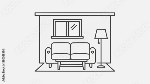 Minimalist living room interior line art drawing.