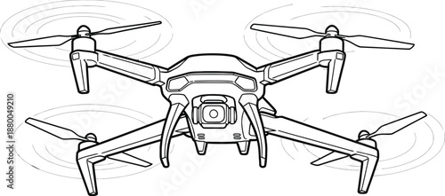 Modern drone with four propellers flying in the air