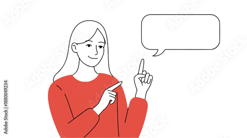 Woman pointing to a speech bubble with her hand and smiling