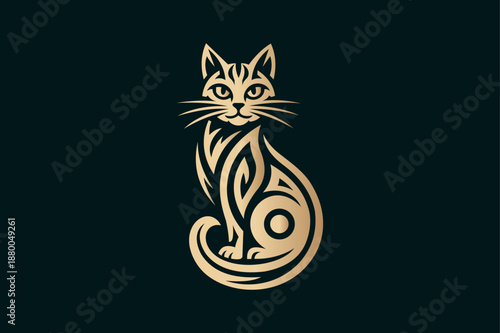 Luxury Golden Cat Logo Vector, Abstract Feline Line Art Icon on Dark Background