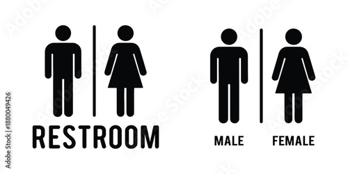 Restroom signage icons, gender symbols, accessibility signs, male female figures, wheelchair icon, public restroom, inclusive design, vector illustration, black silhouette, facility marker. 