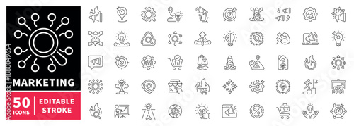 Marketing icons set. editable line icons, outline, advertising and strategy symbols